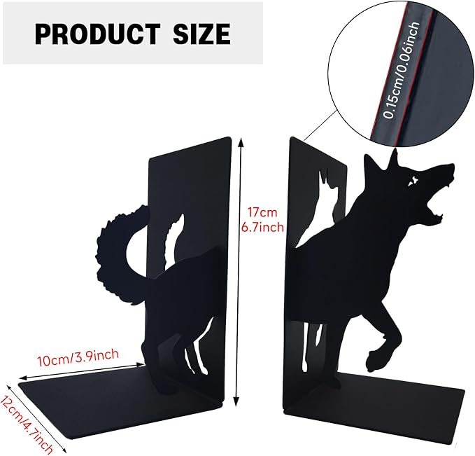 ENCIMART Dog Book Ends Decorative for Shelves, Black Metal Bookend Supports for Heavy Books, Book Stoppers for Home Office Desktop Organizer for Men and Book Lovers Gift