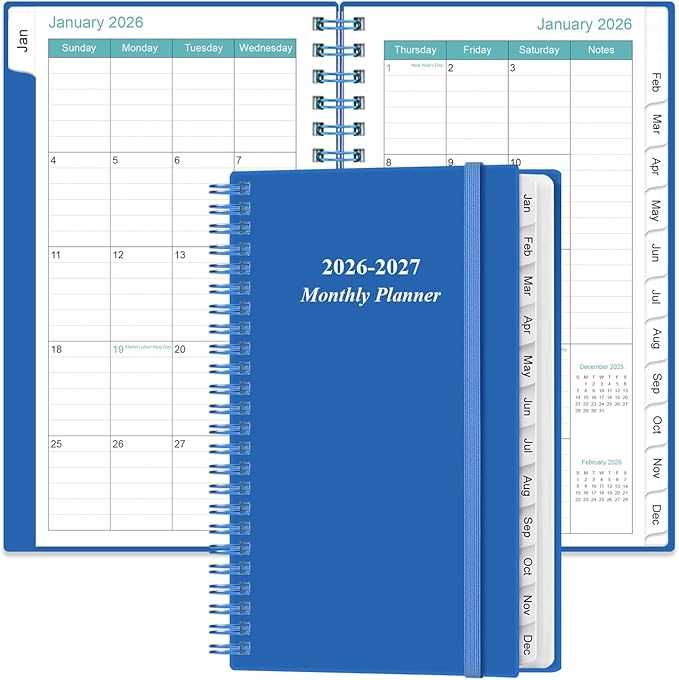 2026-2027 Monthly Planner - January 2026 - June 2027, Two Pages Per Month, 18 Monthly Calendar/Planner with Tabs, Strong Twin-Wire Binding, Inner Pocket, 3.75" x 6.5", Blue
