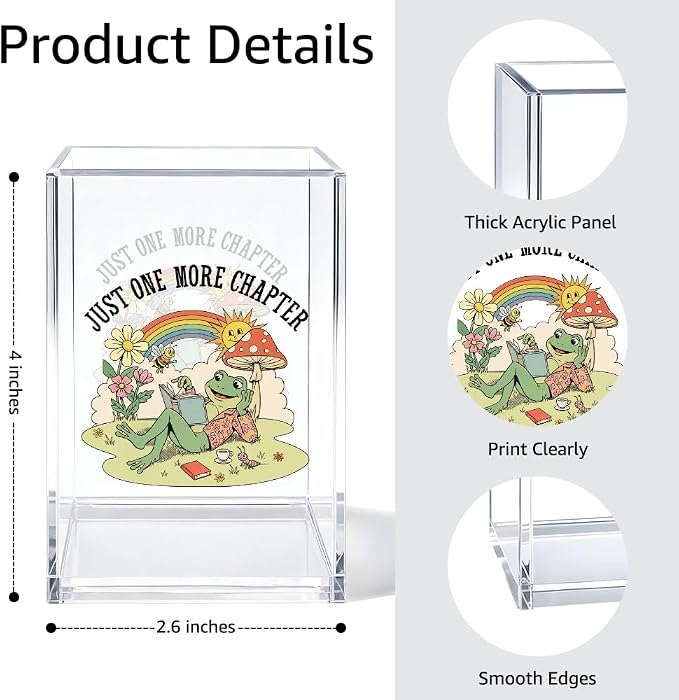 Just One More Chapter Acrylic Pen Holder Cosmetic Organizer, Funny Frog Book Pen Holders for Desk, Reading Nook Accessories for Bookworm, Bookmark Holder for Bookshelf, Librarian Teacher Gifts