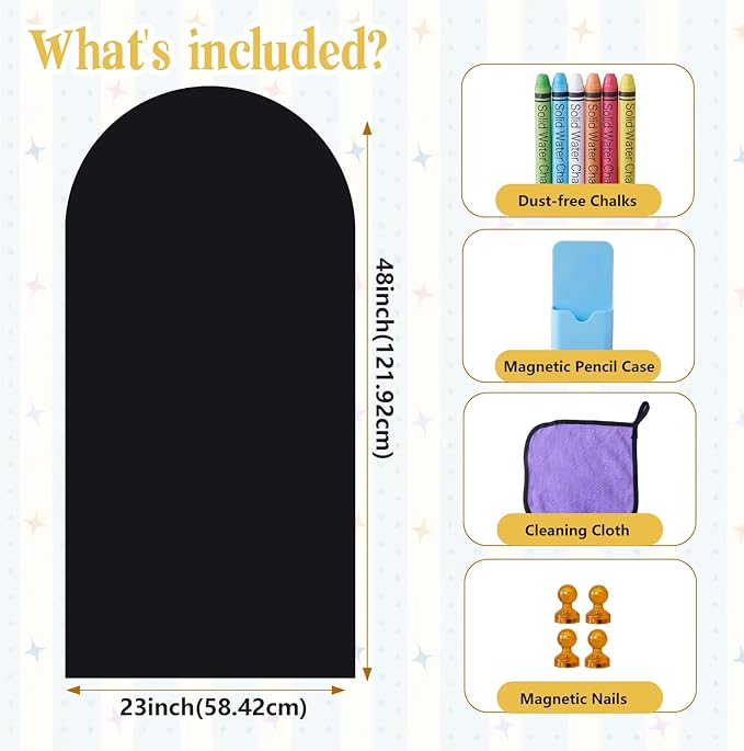 Arch Magnetic Wall Decal 48" x 23", Magnet Chalkboard for Wall, Magnetic Chalk Board Sticker, Chalk Wallpaper Peel and Stick for Playroom Classroom with Chalks, Wiping Cloth (Black)