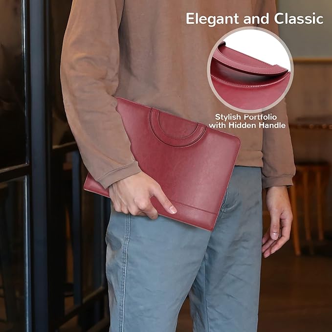 Darolin Zippered Leather Padfolio Portfolio with [Hidden Handle] and [Clipboard], Business Conference Organizer Notepad Folder, Portfolio Bag for Women/Men (Redwine)