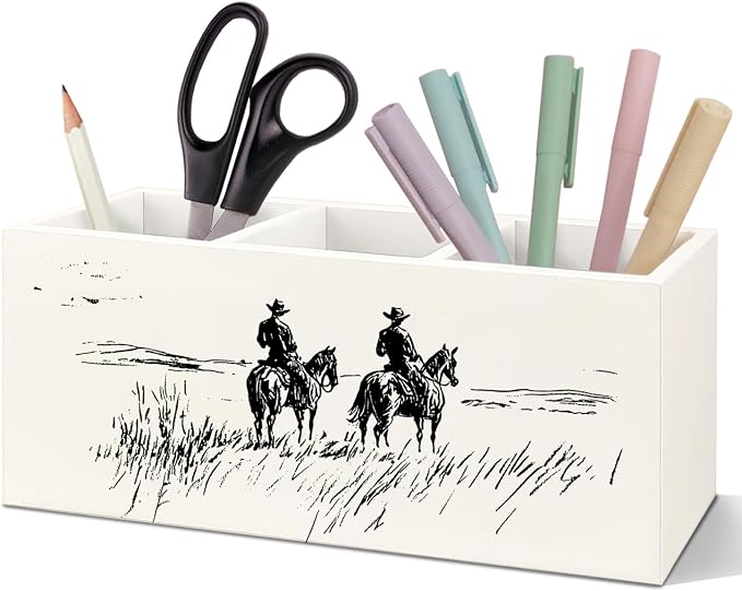 SNNDER Vintage Western Cowboy Pen Holder for Desk, Country Western Wooden Box Sign Desk Decor for Home Tabletop Shelf Decoration, Retro Southwestern Pencil Organizer, Cowboy Gifts
