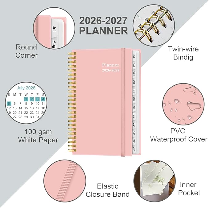2026-2027 Pocket Planner/Calendar - 2026-2027 Weekly & Monthly Planner from July 2026 to June 2027, 12 Months Tabs, 3.75" x 6.75", Pink