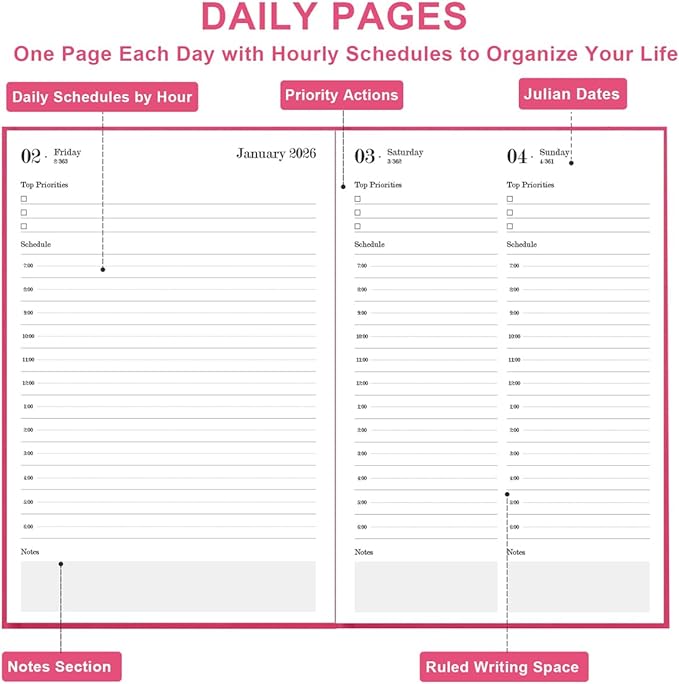 2026 Daily & Monthly Planner - 2026 Daily Planner One Page Per Day from January 2026 to December 2026, 5.8" x 8.3" Hourly Appointment Book Perfect Organizer Daily Life, Fabric Cover, Pink