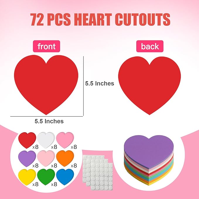 72 Pcs 5.5 Inch Large Heart Paper Cutouts, 9-Color Assorted Heart Shape Die Cut for Bulletin Board Decor,Classroom Wall, Valentine's Day, Mother's Day Decorations, Teacher School Supplies, DIY Crafts