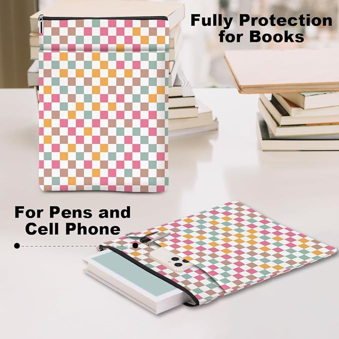Retro Plaid Book Lovers Gifts Book Sleeve Vintage Checkered Waterproof Book Cover Book Pouch Book Protector with Front Pocket Book Club Christmas Birthday Gifts for Women Girl Bestie Book Accessories