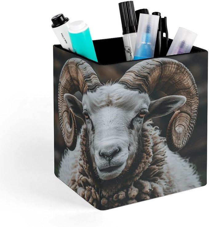 PU Leather Pencil Holder Longhorn Ram Pen Holder for Office Desk Accessories & Workspace Organizer Square Pencil Cup with Non-slip Bottom for Home Bathroom Conference Room