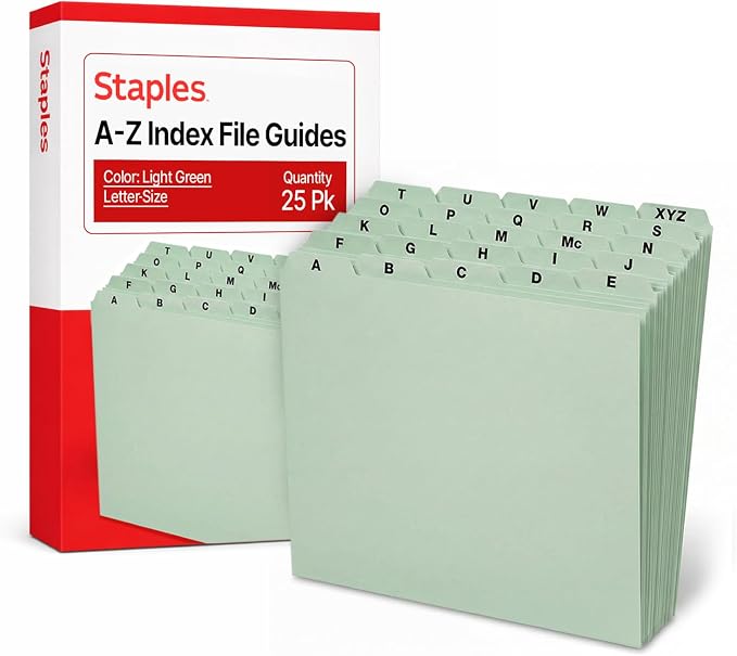 Staples A–Z Index File Guides, Letter Size, Light Green, Durable Alphabetical Filing Tabs for Drawers, Cabinets & Office Organization – 25/Set