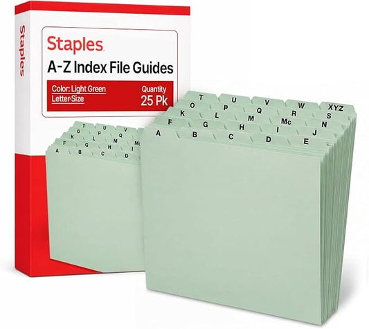 Staples A–Z Index File Guides, Letter Size, Light Green, Durable Alphabetical Filing Tabs for Drawers, Cabinets & Office Organization – 25/Set