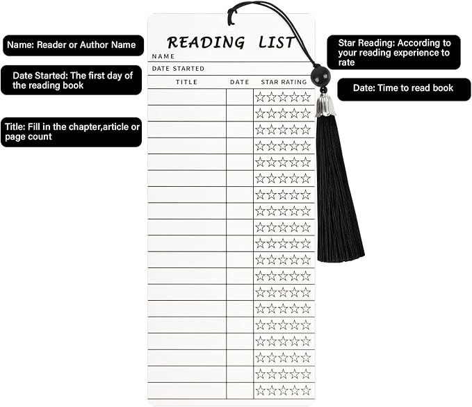 Book Club Ideas Hosting, Book Themed Party Favor Decor, 12 PCS Reading List Bookmarks with 12 PCS Black Tassels, Bookish Item Gifts, Library Card Book Mark, Book Club Gifts