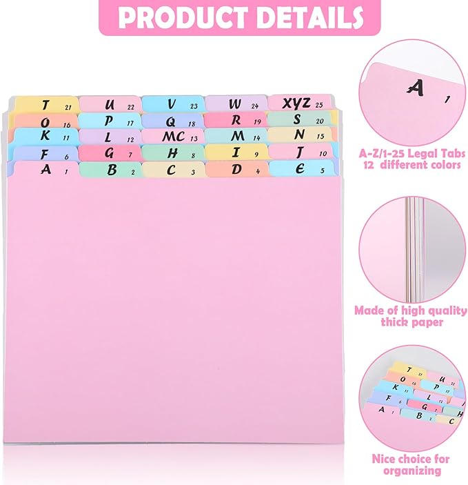 1 Set 25 Alphabet File Dividers A-Z Top Tab File Guides Letter Size 1/5 Cut Tab Alphabetic and Number Files Organizer Filing Cabinet Dividers for Work Office Home School Desk Organizer (Pastel)