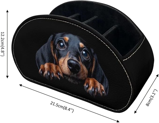 Forchrinse Dachshund Remote Control Holder Leather TV Remote Caddy for Table Desktop Organizer with 5 Compartment for Office Supplies,Makeup Brush,Media Controllers