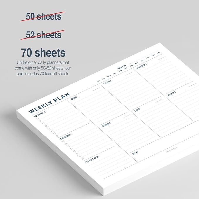 Weekly Planner Notepad, 8.5 x 11" Tear-Off Pad – 70 Undated Sheets, Daily Schedule Deck Organizer with Priorities, To Do List & Checklist for School, Work, Home (White, Minimalist, 1 Pack)