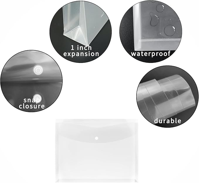 Plastic Legal Size Envelopes with Snap Closure Expandable Organizer Clear Color Folder for Home Office 12pcs