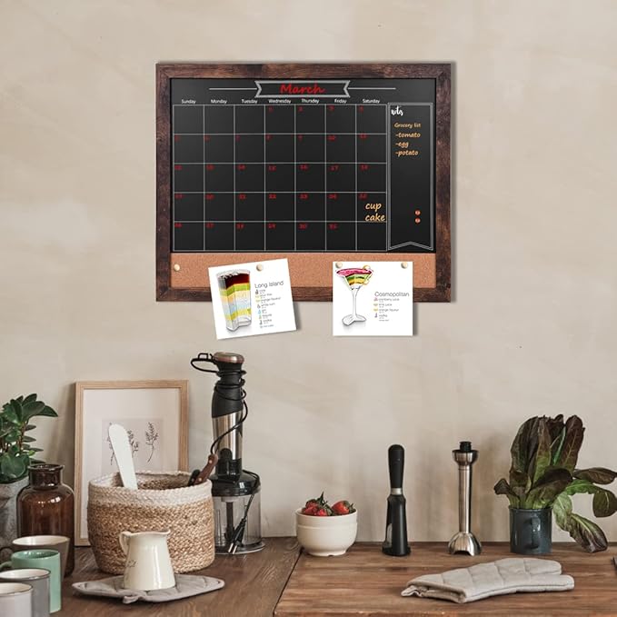 Chalkboard Calendar and Bulletin Combo Board. 13" x 17" Brown Wooden Frame，Magnetic Chalkboard.Perfect for Office, Home School Message Board，HBZHB-BN3442-US