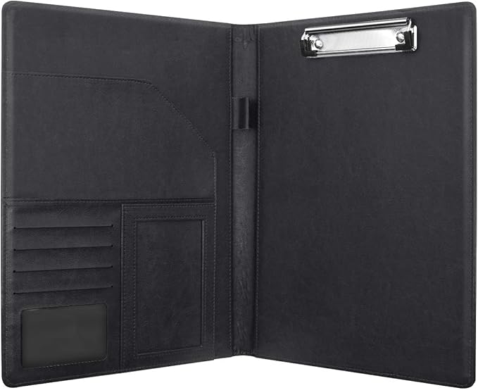 WAVEYU Business Portfolio Folder for Men Women, Padfolio Cover, Conference/Resume/Legal Document Organizer with Letter/A4 Size Clipboard Hardboard, Business Card Holders, Document Sleeve, Black