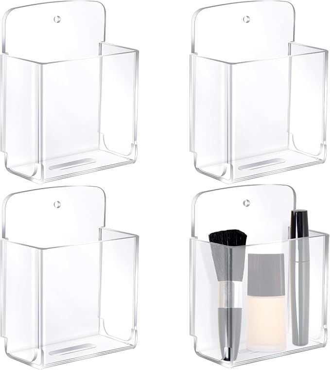 4 Pcs Acrylic Remote Control Holder Adhesive Wall Mount Phone Holder Clear Wall Mount Organizer Media Pen Storage Pen Phone Charging Storage Box for Home Office Living Room Bedroom