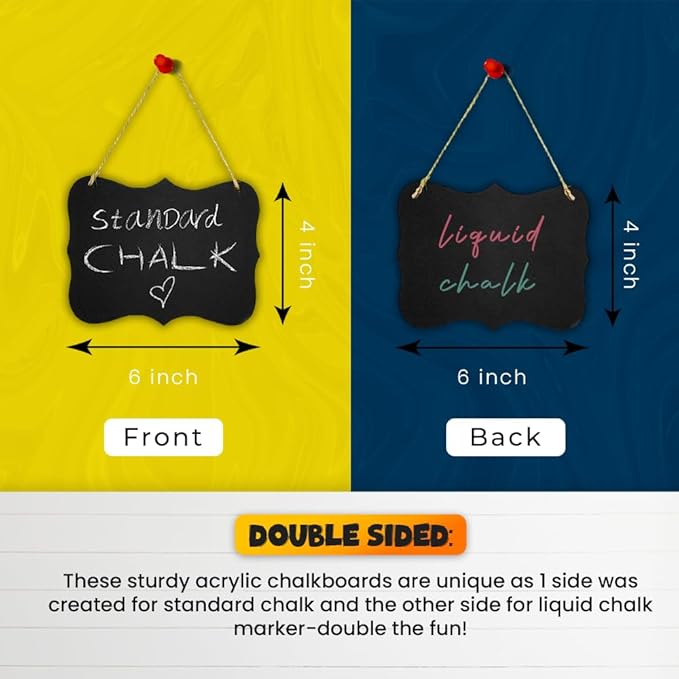 Hanging Acrylic Chalkboard Signs 4x6 - Double Sided for Standard Chalk & Other Side for Liquid Chalk Marker- Memo Message Sign - Mini Blackboard - for Crafts - Menus - Florists - Events (12)