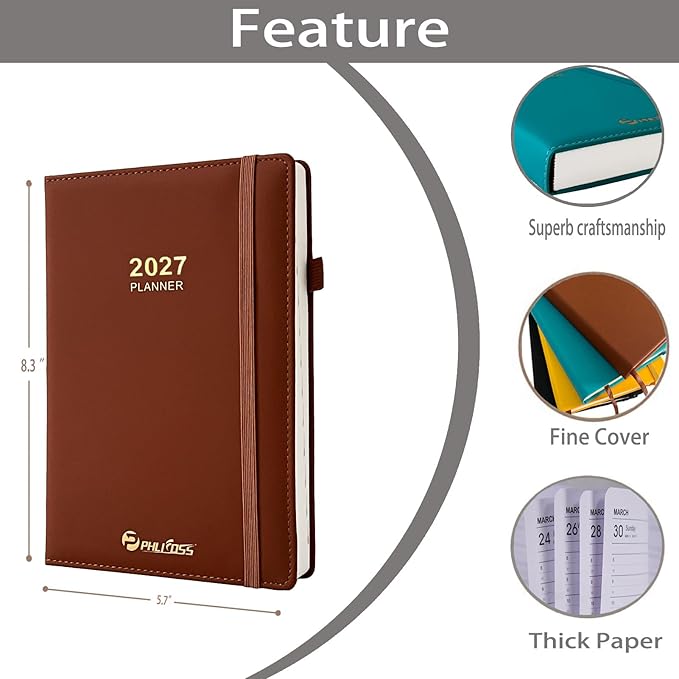 Daily Planner 2027 / Appointment Book, One Page Per Day, Jan - Dec 2027, Annual Daily Monthly Calendar Planner with Hourly Schedule and Monthly Tabs, 5.7" x 8.3" Agenda (Brown)
