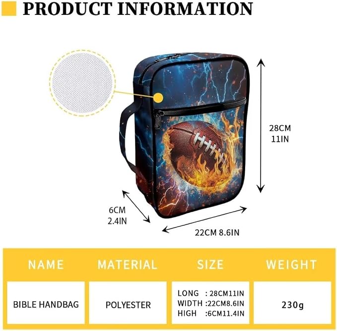 Coldinair Fire Lightening Rugby Bible Cover for Boy Kids Teen Nylon Bible Holder Carrier Carrying Organizer Bible Bag, Zipper and Pockets for Standard Large Size Bible