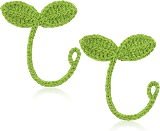 2pcs Knitted Crochet Leaf Sprout, Handmade Crochet Plant Bookmark Green Sprout Crochet Ornament Knitted Bookmark Decorative Leaf Embellishment for Cable Tie, Headphone Accessory