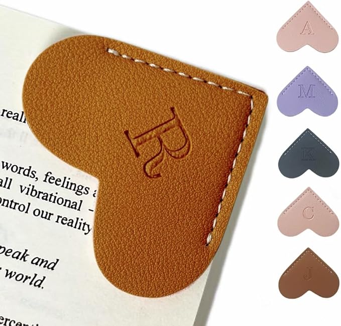 Personalized Leather Book Marks, Heart Bookmark, Unique Cute Handmade Letter Bookmarks Accessories for Reading Women, Teacher, Student, Book Lovers Book Mark Gifts (Brown, R)