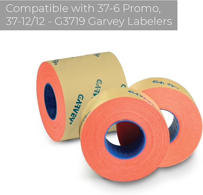 Garvey Fluorescent Red 5 Label Rolls/Sleeve of 5 Rolls / 4000 Security Tags Per Roll/Compatible with Garvey 37-6 Promo and 37-12/12 - G3719 Labelers / 19mm x 37mm Stickers