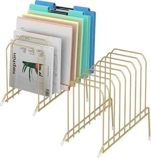 Incline Sorter Desk File Organizer, Metal Desk Magazine Folder Holder with 8-Section Vertical Compartments Rack File Organizer for Office, Home, School (2, Gold)