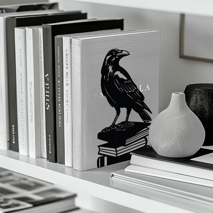 Peacoblue Metal Bookends for Shelves, Modern Decorative Heavy Duty Study Book Support Stoppers for Office, Desk, Shelf, Room 5.3"x4.3"x7.9" Cast Iron Simple Tall Bookends, 1 Pair (Crow on Book Stack)