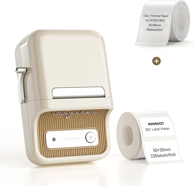 NIIMBOT B21 Bluetooth Label Maker (White) with 1 Roll Clear Label Tape 50×80mm-95Labels/Roll