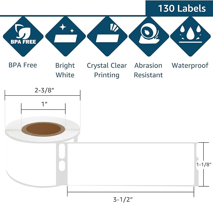 10 Roll (130 Labels/Roll) Compatible for DYMO White/Clear Address Barcode Labels 1-1/8" x 3-1/2" Premium Self-Adhesive Label for LabelWriter 450, 450 Turbo, 4XL, Rollo Zebra Printers (Clear)