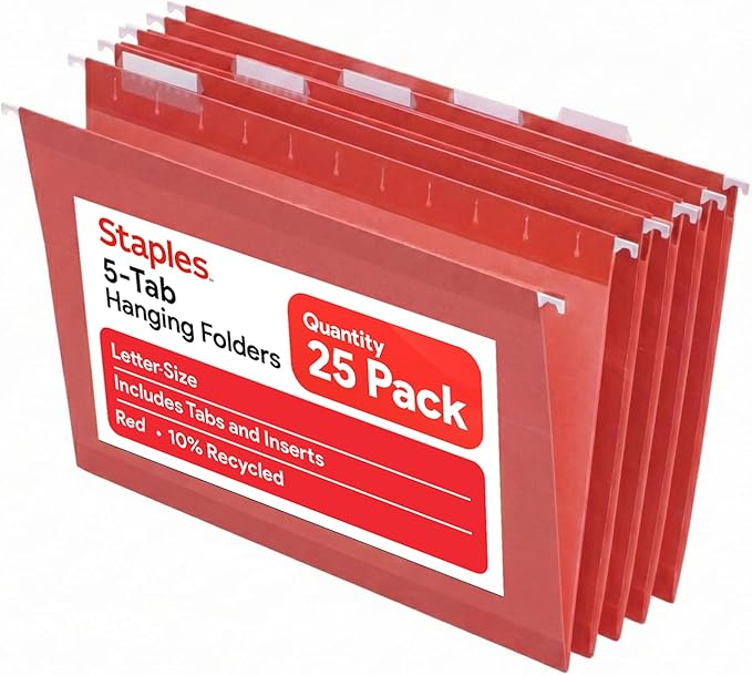 Staples Hanging File Folders, Letter Size, Red, 1/5‑Cut Tabs, Tear‑Resistant Durable Construction – 25/Pack