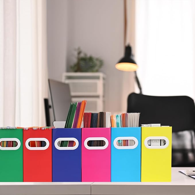 Collapsible File Organizer Box with Handle – Cardboard Hanging File Folder Storage Crate for Desk, Office, School, or Home – Colorful Portable Filing Box, Document Organizer, Magazine Holder