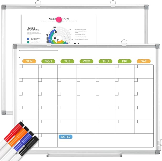 Dry Erase Calendar Whiteboard for Wall, 24" x 18" Magnetic Monthly White Board Calendar, Hanging Double-Sided White Board for Planning, Memo, School, Home, Office
