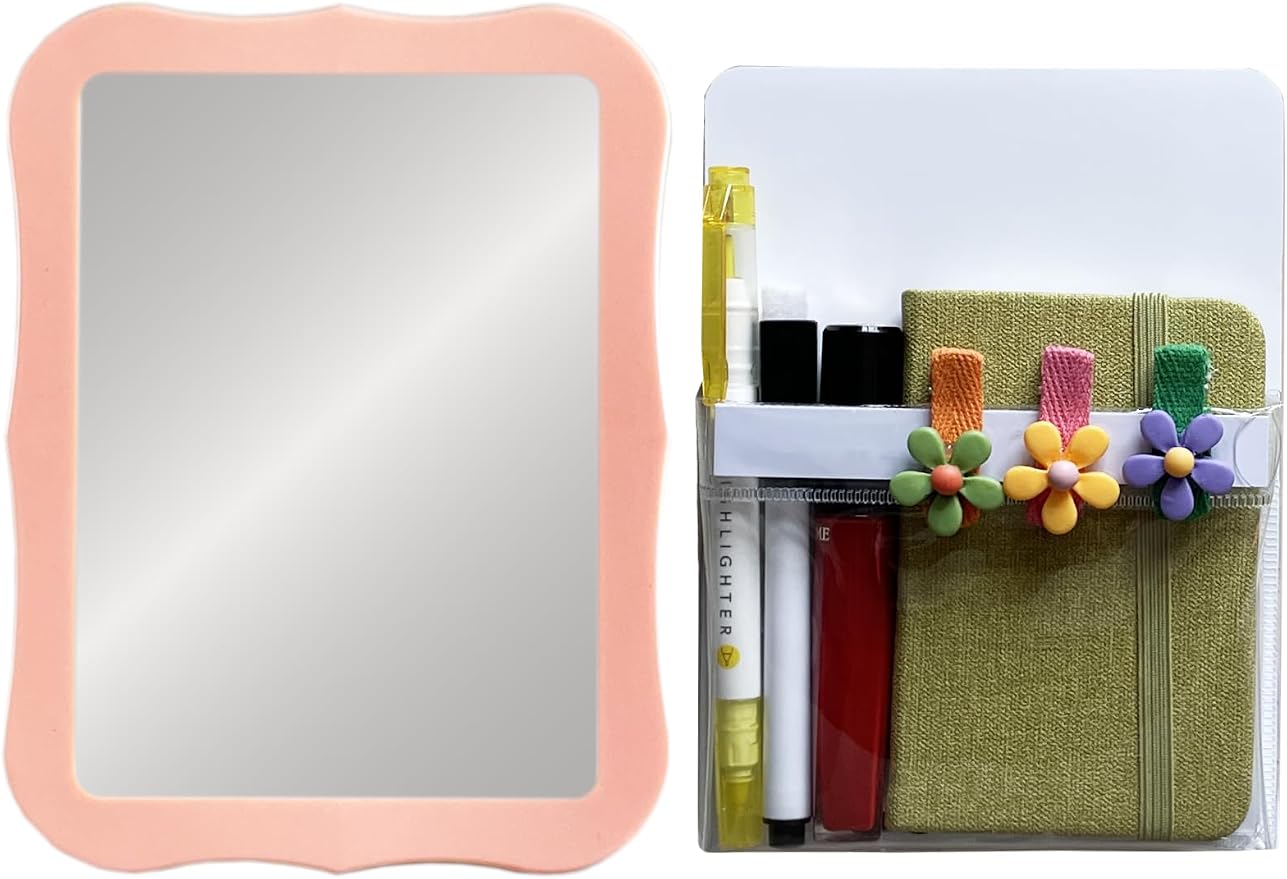 Magnetic Locker Mirror with Pen Holder, Practical Locker Accessory Kit, Pink