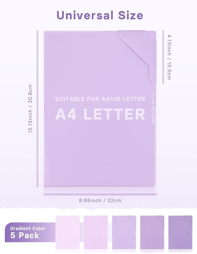 Plastic Folders Sleeves, Gradient Colors Plastic Project Pockets for Paper 11.9 × 8.5 Inches, Transparent Document Folders for School and Office Supplies (5 Pack, Purple)