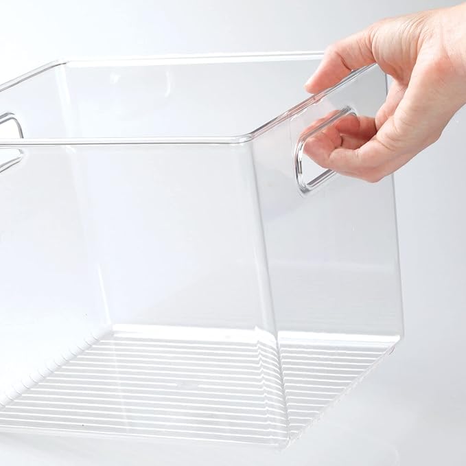 mDesign Tall Deep Rectangular Plastic Office Supplies Storage Organizer Bin with Carrying Handles - Pads, Pens, Pencils, Dry Erase Markers, Highlighters, Sticky Notes, Ligne Collection, 4 Pack, Clear