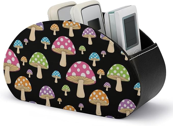 PU Leather Remote Control Caddy, 5-Slot Organizer for Bedside Table, Office Desk, and Living Room with Media Storage, Colorful Neon Mushroom