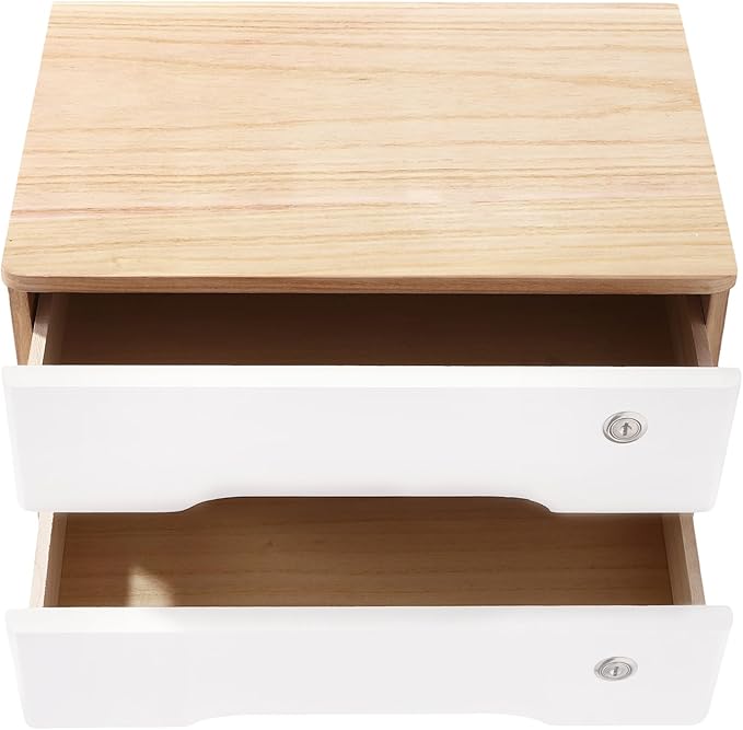 Lockable Desk Organizer Wooden Desktop Drawers Office Flat Files Storage Box Locking Countertop Storage Cabinet (Wood Color + White, 2-Tier)
