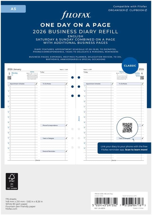 Filofax Calendar Diary Refill, A5 Size, One Day on One Page with Appointments, Business Diary, White Paper, English, 2026 (C68519-26)