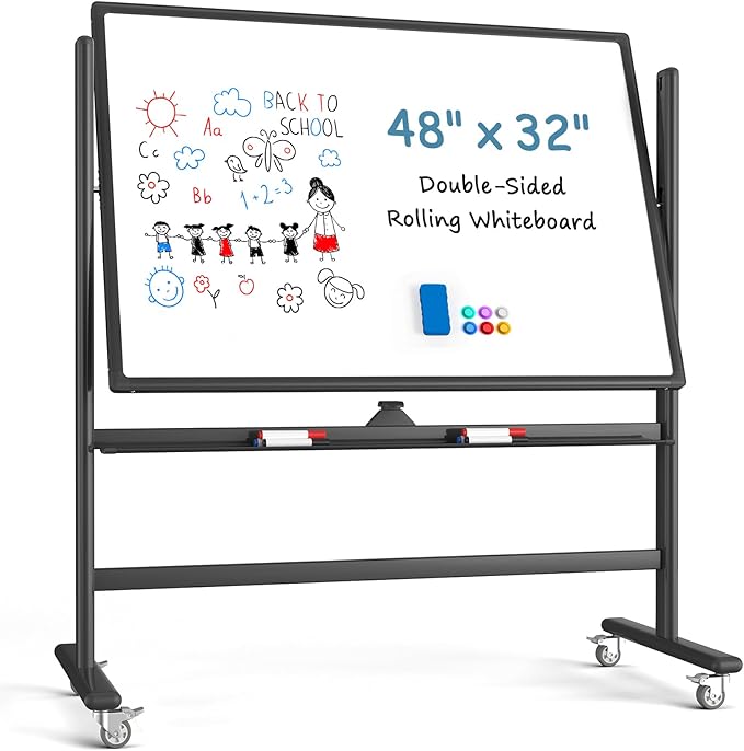 MaxGear 48x32 Mobile Whiteboard on Wheels, Heavy-Duty Aluminum Frame & Reinforced Packaging, Double Sided Magnetic Dry Erase Board with Stand, Height Adjustable Rolling Whiteboard for Office, Black