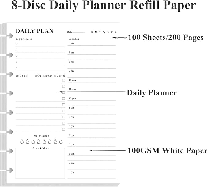 (3-Pack) Junior Size Undated Daily Planner Refill - A5 To Do List Insert, 300 Sheets/600 Pages Planner and Lined Refill, 8-Disc Discbound, 100 gsm White Paper, 5.8'' x 8.3''