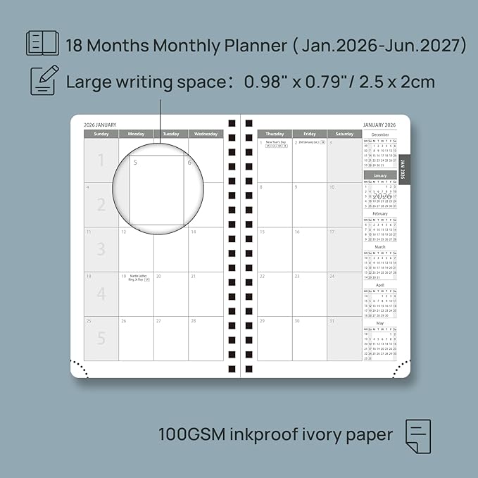 POPRUN Monthly Planner 2026-2027 (Pocket 4.25" x 6.25") 18 Months Calendar (Jan 2026 - Jun 2027) - 4 Pages per Month with Expense & Notes, Leather Cover, Sunday Starts - Black