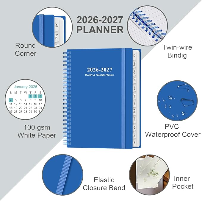 2026-2027 Planner - Planner 2026-2027 from July 2026 - June 2027, Weekly & Monthly Planner Spiral Bound with 12 Monthly Tabs, Inner Pocket, 6.4" x 8.5", Blue