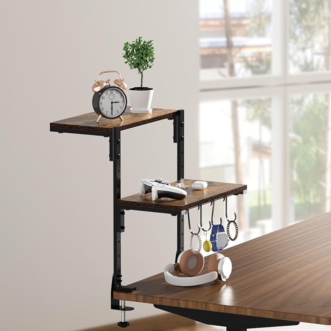 Clamp-on Desk Shelf, 13 inch Above or Below Desk 2-Tier Shelving, Adjustable Metal Storage Tray for Gaming Devices or Office Desk Accessories and More, Brown, Patent Pending