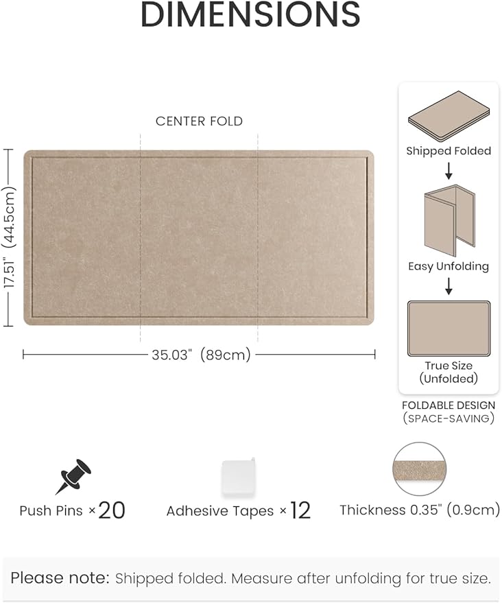 Fluxynara Bulletin Board, 35" x 17.5" Cork Board Alternative with 12 Safe Removable Adhesive Tabs, Foldable Felt Pin Board for Home Office, Classroom, Bedroom,Entryway for Walls—Taupe