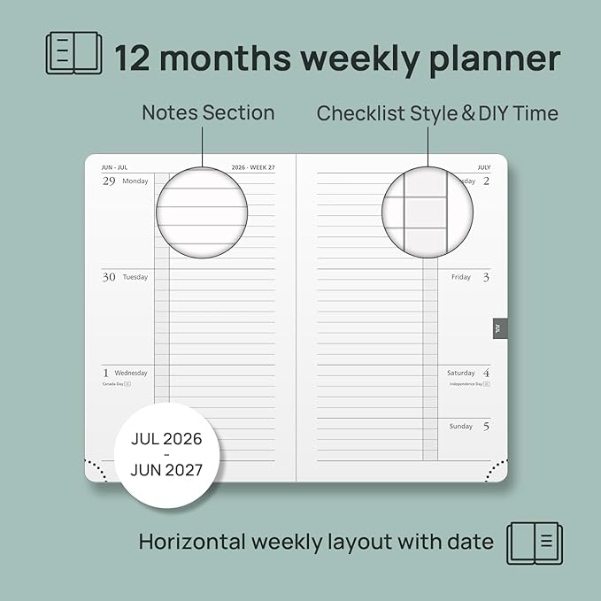 POPRUN 2026-2027 Pocket Weekly Planner Calendar, Size 4'' x 6.25'', Academic Planner (Jul 2026 - Jun 2027) Horizontal Layout with Lined Sections, Leather Hardcover, 100GSM Paper - Navy Blue
