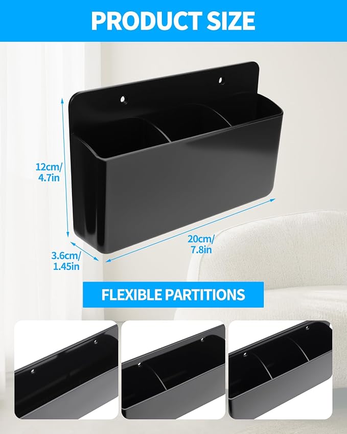 3 Slot Adjustable Remote Control Holder Wall Mount, Adhesive Remote Organizer for TV Controller with Hollow Bottom for Charging, Wall Pen Holder for Home Office School (Black, 1)