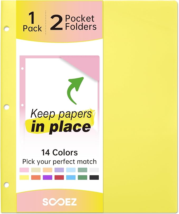 Sooez 2-Pocket Folders, Plastic Folders with Pockets 3 Hole Punched, 1 Pack Pockets Folder for 3 Ring Binder with Labels, Heavy Duty Binder Folder for Document, Letter Size File Folder,Yellow