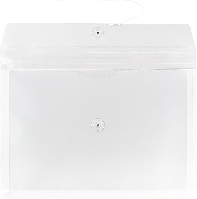 JAM PAPER Plastic Envelopes with Button & String Tie Closure - Legal Booklet - 9 3/4 x 14 1/2 - Clear - 12/Pack